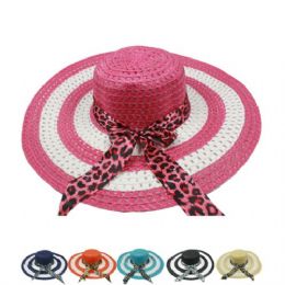 24 Wholesale Wide Brim Panther Ribbon Women Summer Hat
