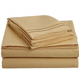 12 Pieces 2 Line Embroidery Sheets Set Solid Gold In Microfiber Full - Sheet Sets