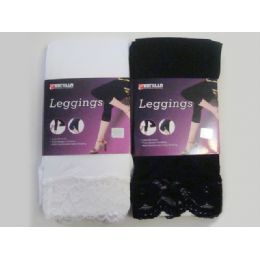 288 Wholesale Legging W/lace Bk & Wh 70% Len