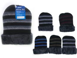 144 Pieces Men's Striped Fuzzy Winter Hat 110g Assorted Colors - Winter Beanie Hats