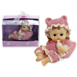 96 Pieces Polystone Baby On Pillow Girl In Box Pink - Home Decor