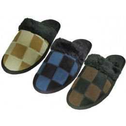 24 Wholesale Men's Leather Suede Upper Square Patch With Faux For Cuff Slippers