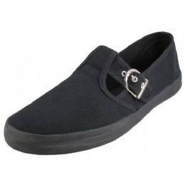 24 Wholesale Women's Solid T-Trap Canvas Shoes In Black Only