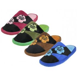48 Wholesale Women's Satin Floral Printed Plush Upper Close Toe Slippers