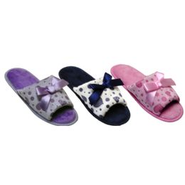 36 Wholesale Ladies Fashion House Slipper With Printed Heart And Bow