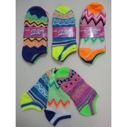 144 Pairs 3pr Ladies Teen Anklets 9-11 [assorted Neon Chevron] - Womens Ankle Sock