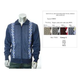 24 Wholesale Mens Full Zip Sweater Side Panel Design 100% Acrylic