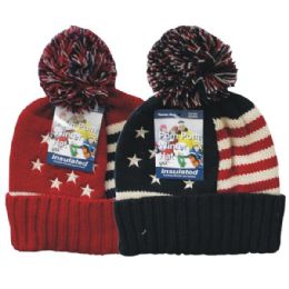 24 Pieces Winter Pom Pom Hat Knit Usa Flag - Fashion Winter Hats
