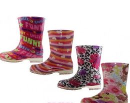 24 Wholesale Children's Water Proof Print Rubber Rain Boots