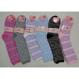 24 Pairs Fuzzy Crew Socks 9-11 [thin Stripes] - Womens Fuzzy Socks