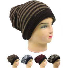72 Wholesale Womens Striped Winter Beanie Hat In Assorted Colors