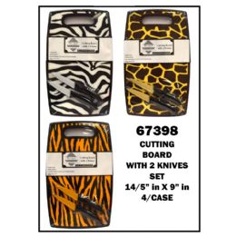 16 Wholesale Cutting Board W/ 2 Knives Animal Print