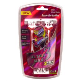 24 Units of Ultra Max Razor 3 Pack Pink Ladies - Shaving Razors