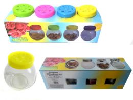 24 Wholesale GLASS STORAGE JAR 4-Piece 5OZ GREEN YELLOW PINK BLUE