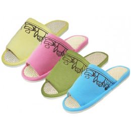 48 Wholesale Women's Open Toes Tea Cup Embroidered House Slippers