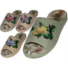 48 Wholesale Women's Satin Open Toes Flower Embroidery Upper House Slippers