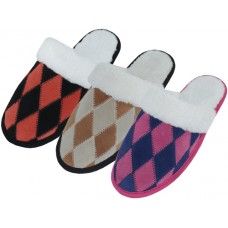 24 Wholesale Women's Leather Suede Patch Diamond Pattern With Cuff Slippers.