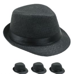 24 Wholesale Black Paper Straw Casual Kid Trilby Fedora Hat
