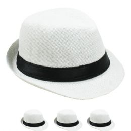24 Wholesale Children White Fedora Hat With Black Band