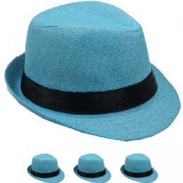 24 Wholesale Turquoise Blue Paper Straw Black Banded Kid Trilby Fedora Hat