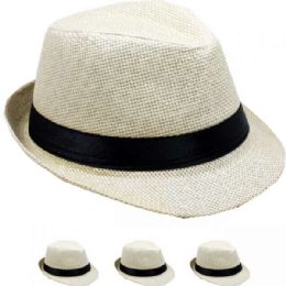 24 Wholesale Children Beige Fedora Hat With Black Band