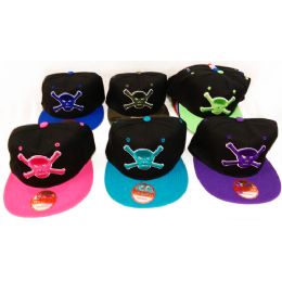 48 of Flat Bill Snapback Neon Jolly Roger Skull Hats Assorted