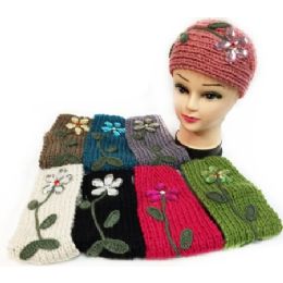 24 Wholesale Flower Design Knitted Headband Ear Band Assorted Color