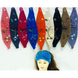 24 Bulk Knit Flower Headband With Green Leaf
