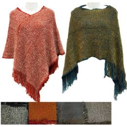 12 Wholesale Knitted Poncho W/ Fringes And Faux Fur Feel Assorted