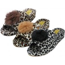 48 Wholesale Women's Satin Velour Leopard Print Upper Open Toe House Slippers