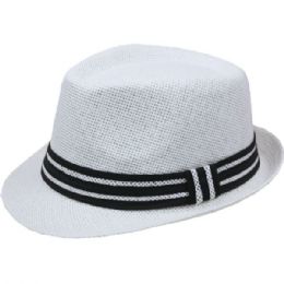 24 Wholesale Classic White Straw Trilby Fedora Hat With Strip Band