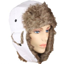 48 Wholesale Solid White Trapper Hat With Faux Far Lining And Strap