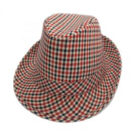 36 Wholesale Fashion Fedora Hat Checkered Print Red Color Only