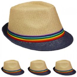 24 Wholesale Brown Trilby Fedora Straw Hat With Rainbow Strip Band