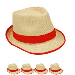 24 Wholesale Brown Trilby Straw Fedora Hat With Red Strip Band