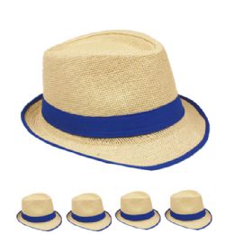 24 Wholesale Brown Trilby Straw Fedora Hat With Blue Strip Band