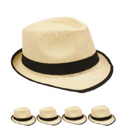 24 Wholesale Brown Trilby Straw Fedora Hat With Black Strip Band
