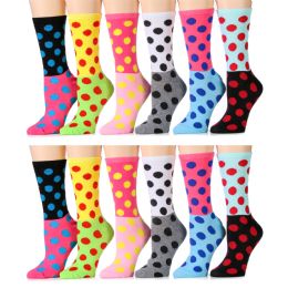 12 Pairs Womens Polka Dot Crew Socks, Size 9-11 Cotton - Womens Crew Sock