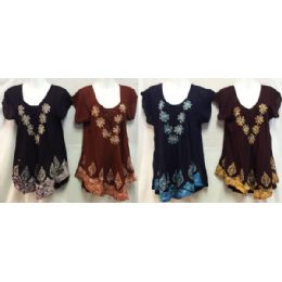 12 Wholesale Batik Flower Embroidery Tops Assorted Colors N Sizes