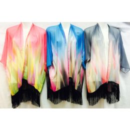 12 Pieces Tie Dye Color Effect Beach Cover Up With Fringes - Women's Cover Ups