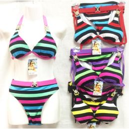 12 Wholesale Bright Color Stripes Bikini Sets With Rhinestones