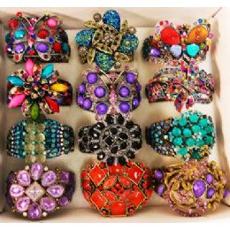 24 Wholesale Rhinestone Fancy Bangle Flower Assorted Colors & Styles