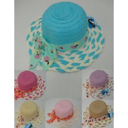 12 Wholesale Girl's Summer Hat [braided Brim With Polka Dot Bow]