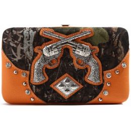 12 Pieces Rhinestone Double Guns With Camo Print Orange Wallet - Wallets & Handbags