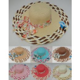 12 Wholesale Ladies Summer Hat [braided Brim With Printed Bow]