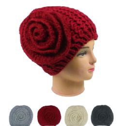 72 Pieces Woman Winter Hat With Rose Assorted Colors - Winter Hats