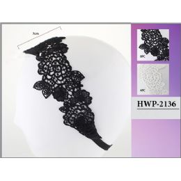 96 Wholesale Black & White Rose Design Lace Head Wrap
