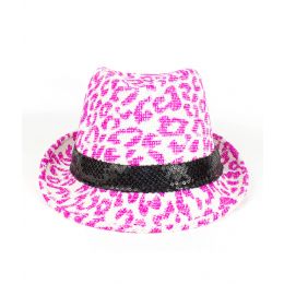 48 Wholesale Leopard Print Neon Fedora - Pink