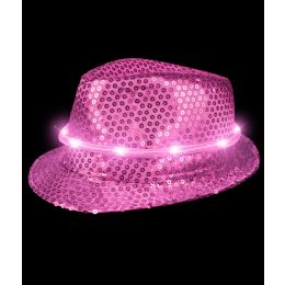48 Wholesale Led Sequin Fedora Deluxe - Pink