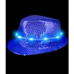 48 Wholesale Led Sequin Fedora Deluxe - Blue